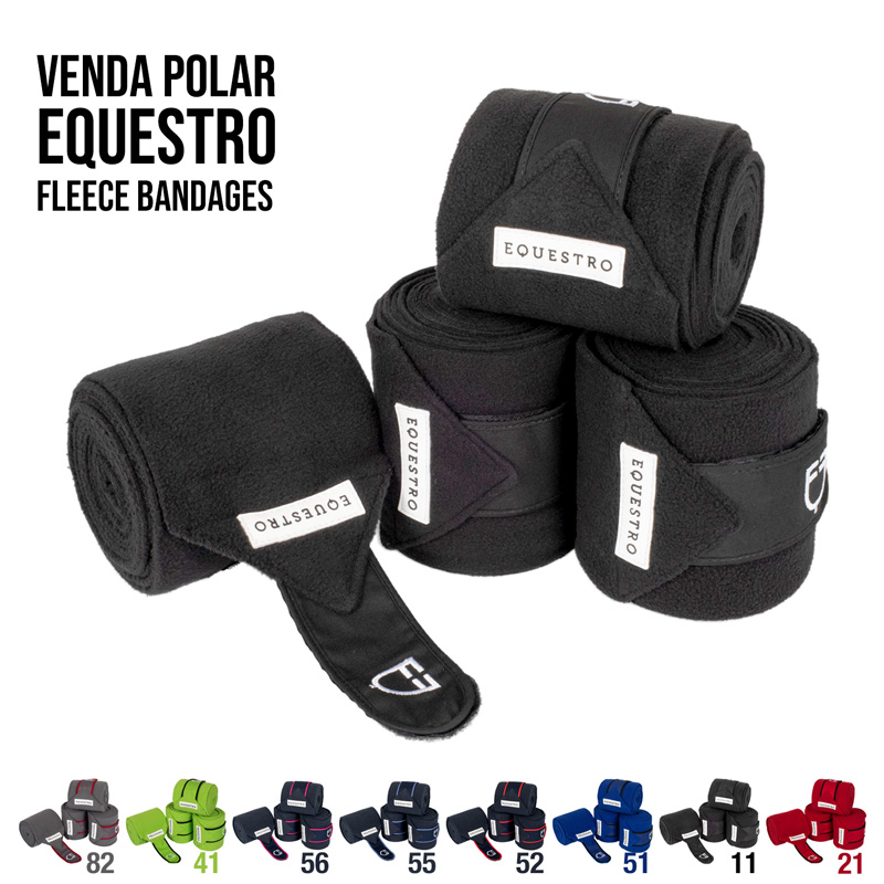 Vendas polares EQUESTRO em fleece pretas enroladas e dispostas com etiquetas brancas