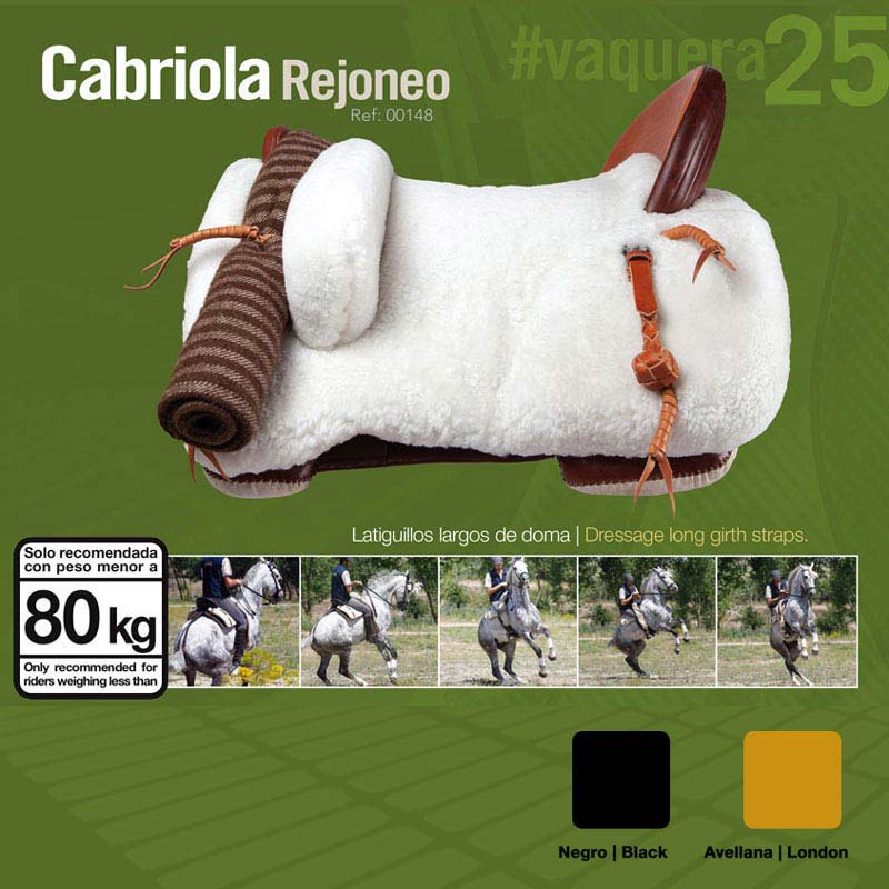 Sela branca Cabriola Rejoneo com alças de couro castanho e faixa castanha riscada