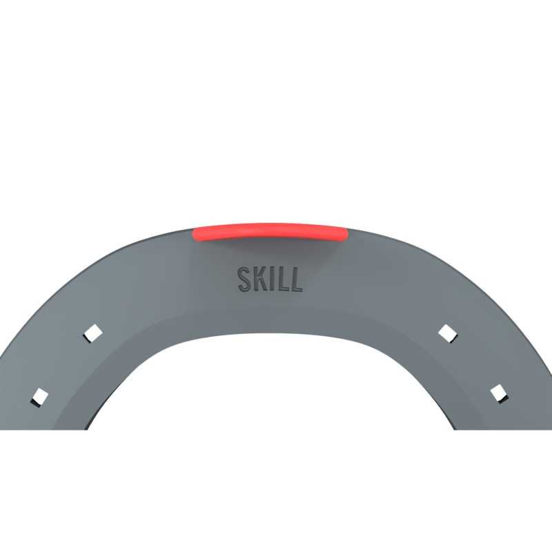 Produto cinzento arredondado com faixa vermelha e texto SKILL