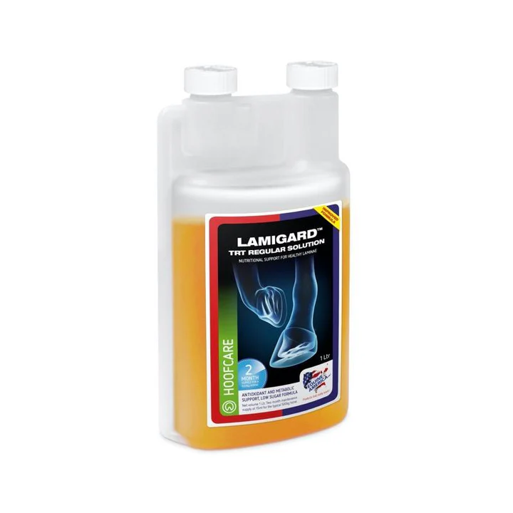 Embalagem plástica translúcida com líquido amarelo e rótulo LAMIGARD TRT REGULAR SOLUTION