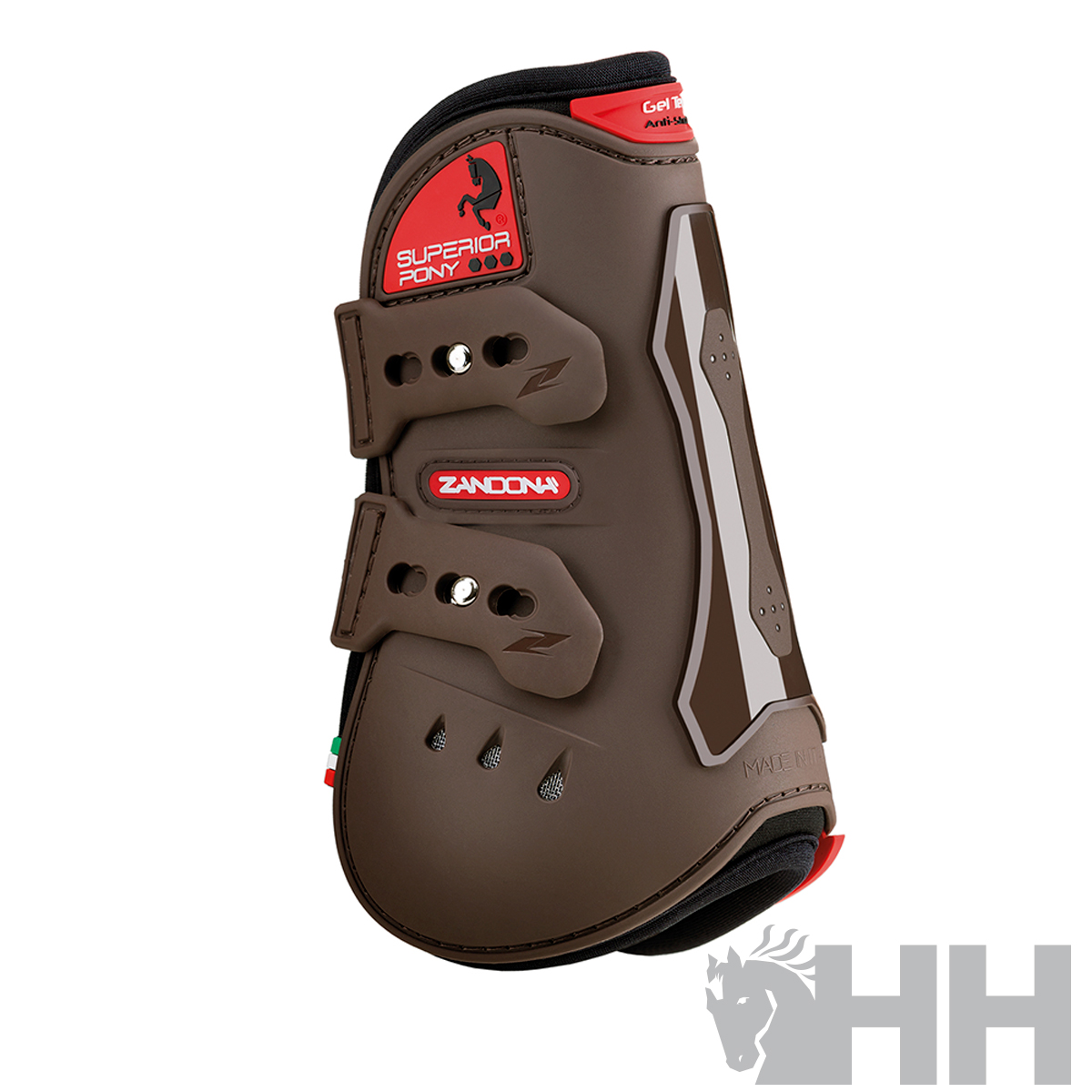 Protector de corcunda para cavalo castanho com tiras e inscrições