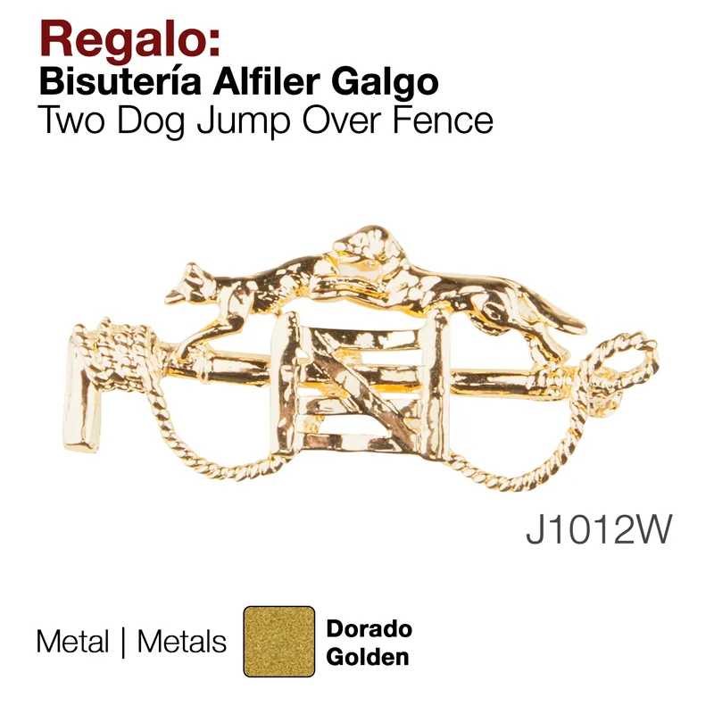 Alfinete dourado de bijuteria com design de dois cães a saltar uma cerca