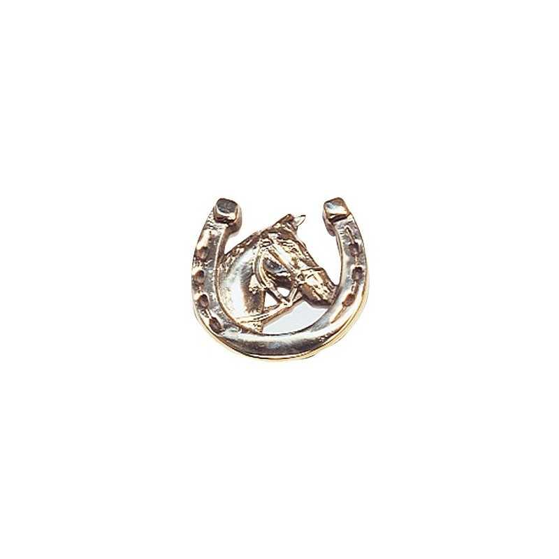 Broche dourado com ferradura e cabeça de cavalo