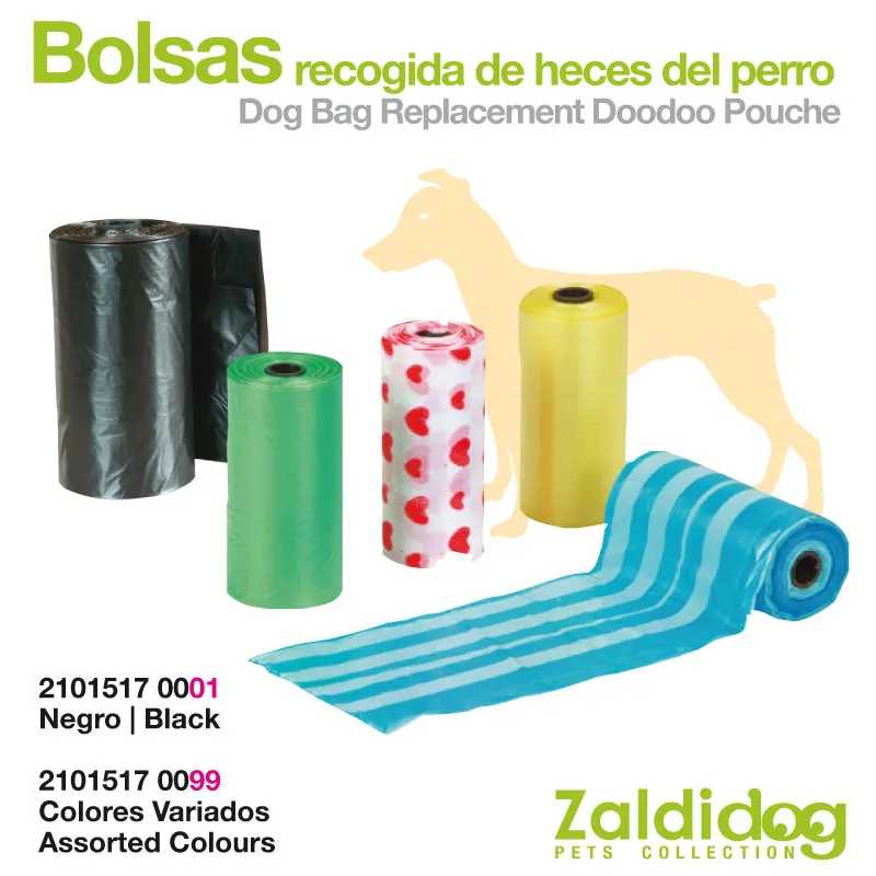 Rolos de sacos para recolha de fezes de cão em várias cores com texto e logo Zaldidog