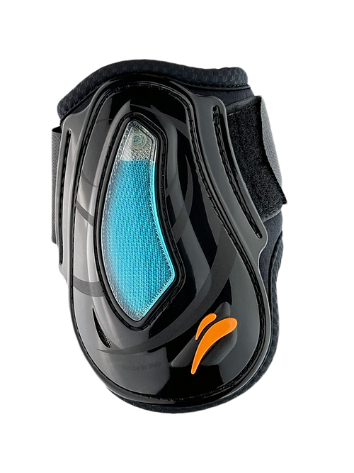 Proteção para cavalos preta com detalhe azul e fecho de velcro