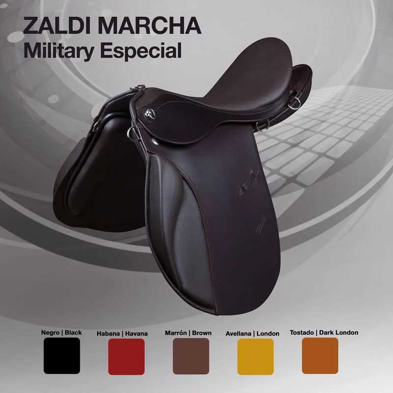Sela de equitação preto em couro com marca ZALDI MARCHA Military Especial e paleta de cores.