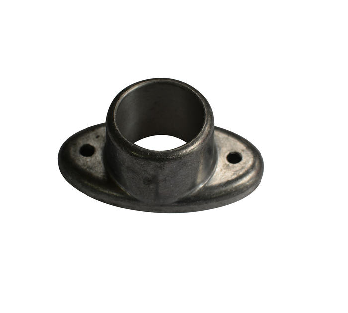 Suporte metálico cilíndrico com base oval e duas ranhuras para parafuso