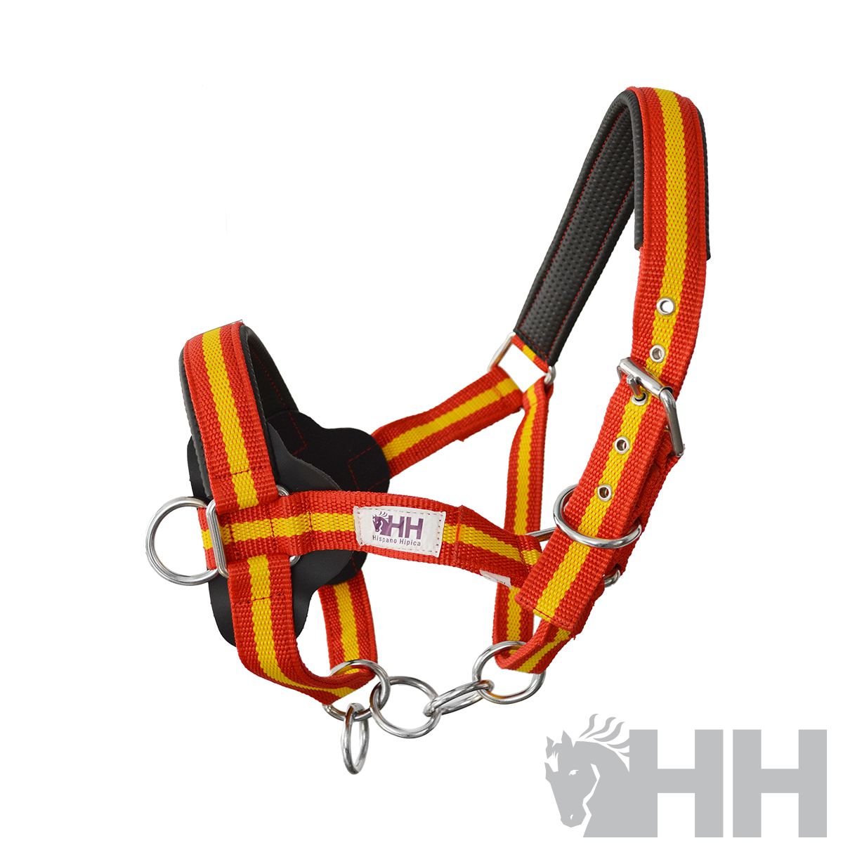Cabresto para cavalo vermelho, amarelo e laranja em nylon com placa HH e peças metálicas
