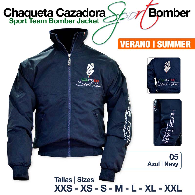 Casaco bomber azul navy com texto e logotipos Sport Team, disponível em vários tamanhos