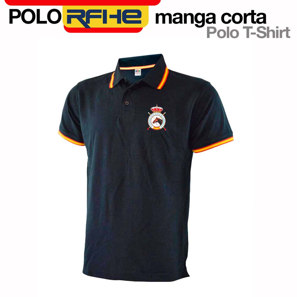 Polo preta de manga curta com gola e punhos riscados e logótipo no peito