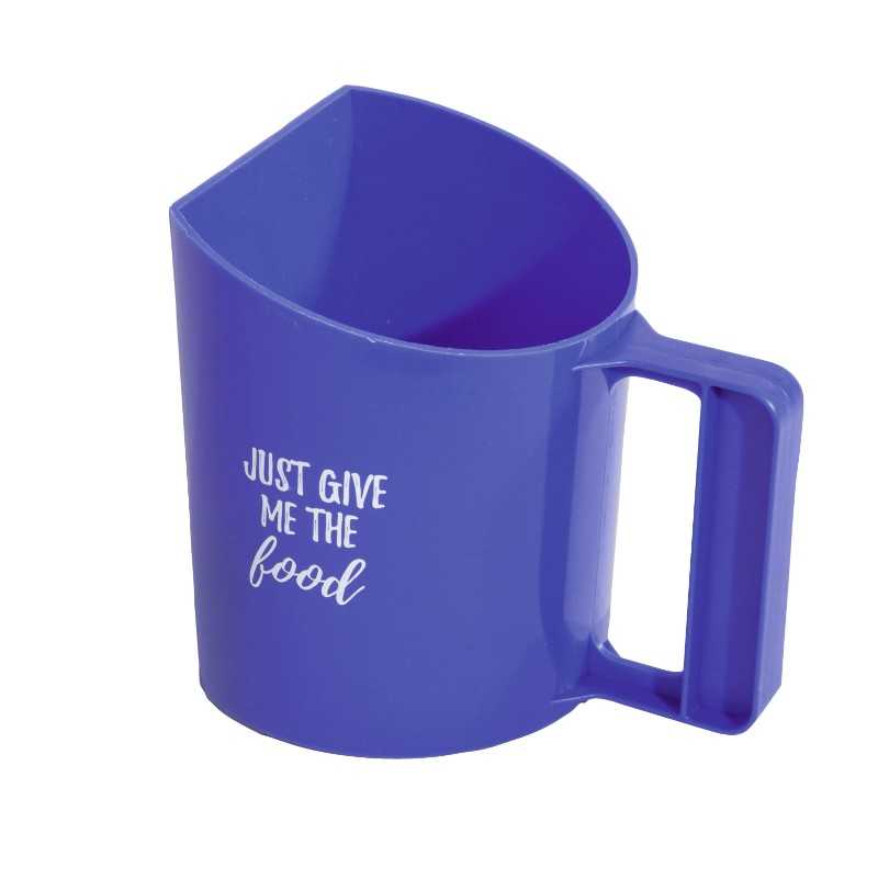 Caneca azul de plástico com texto branco e pega rectangular