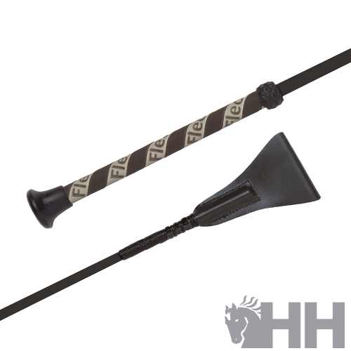 Rédea de equitação com punho em tecido castanho e creme com texto, extremidade em couro preto e logótipo HH cinza