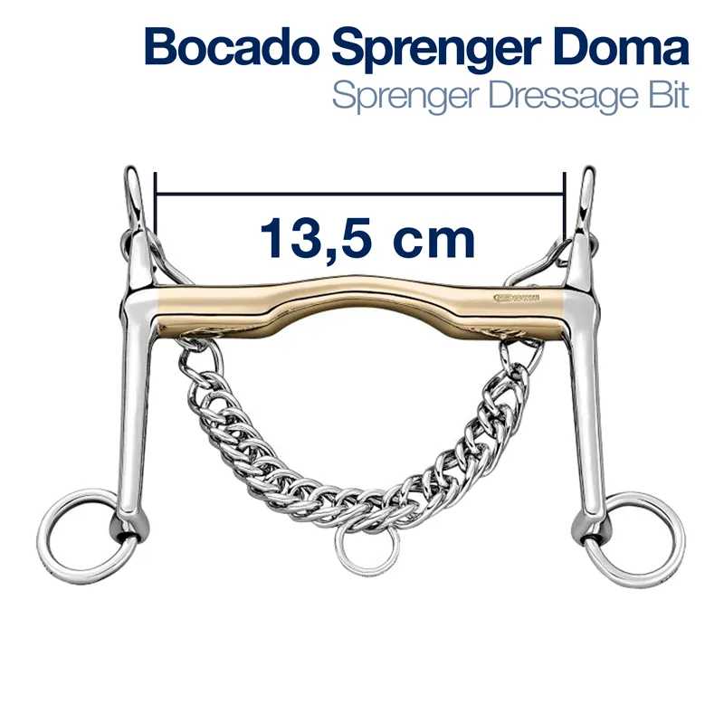Bocado Sprenger Doma Dressage Bit em metal prateado e dourado com corrente