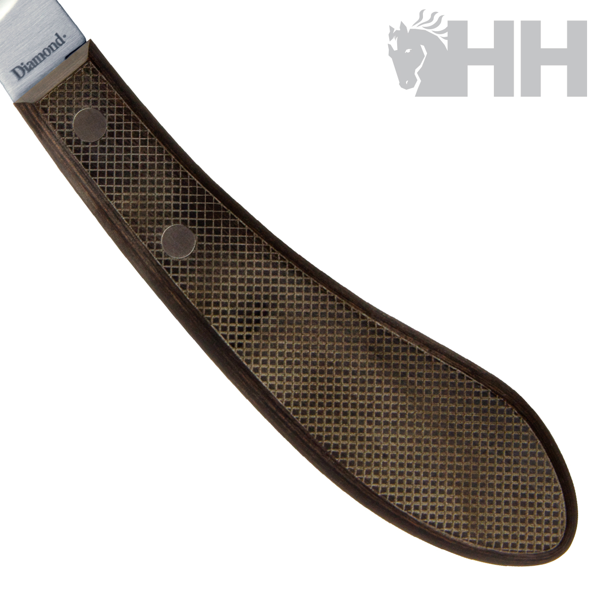 Lâmina de serra com cabo castanho texturizado e logótipo HH cinzento no fundo branco