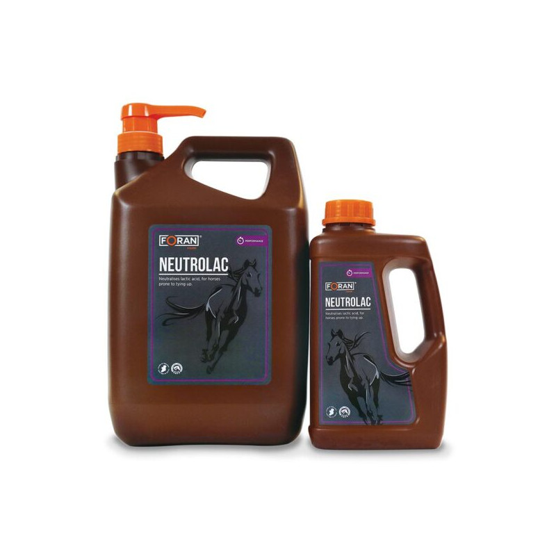 Dois recipientes marrons de plástico com rótulos FORAN NEUTROLAC para cavalos, um com bomba e outro com tampa de rosca
