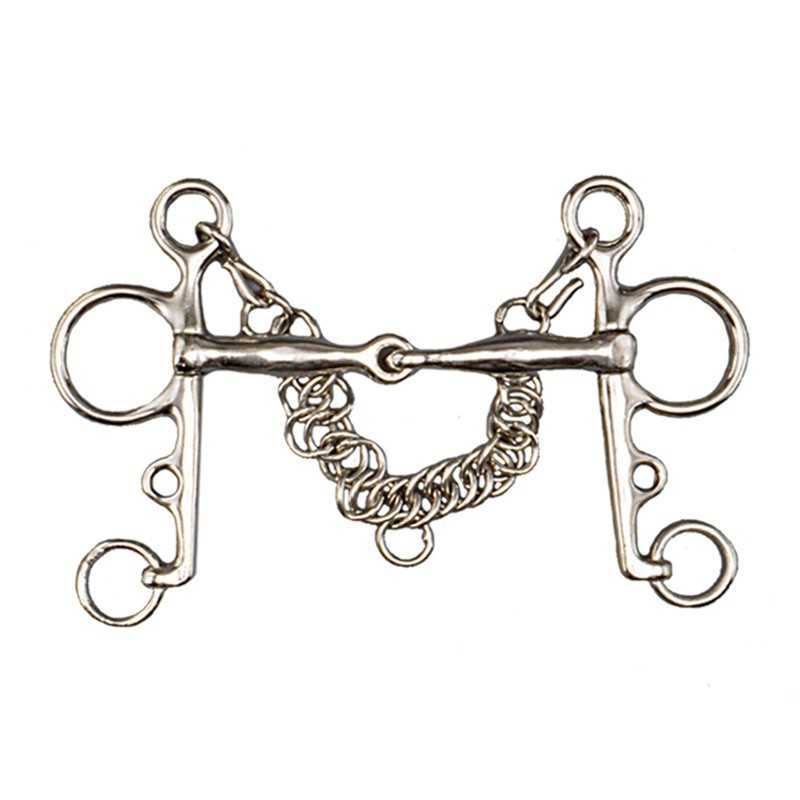 Freio de cavalo em metal prateado com corrente
