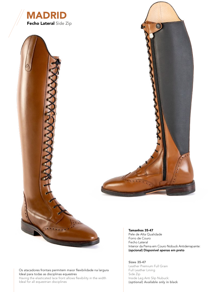 Botas altas em pele castanha e preta com atacadores e fecho lateral