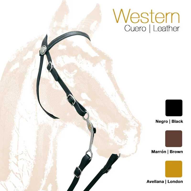 Rédea cavalaria western em couro com fivela metálica e opções de cor em fundo branco