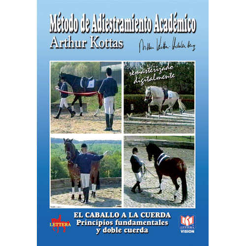 Capa de livro azul com título sobre métodos de treino de cavalos e quatro fotos de treino.