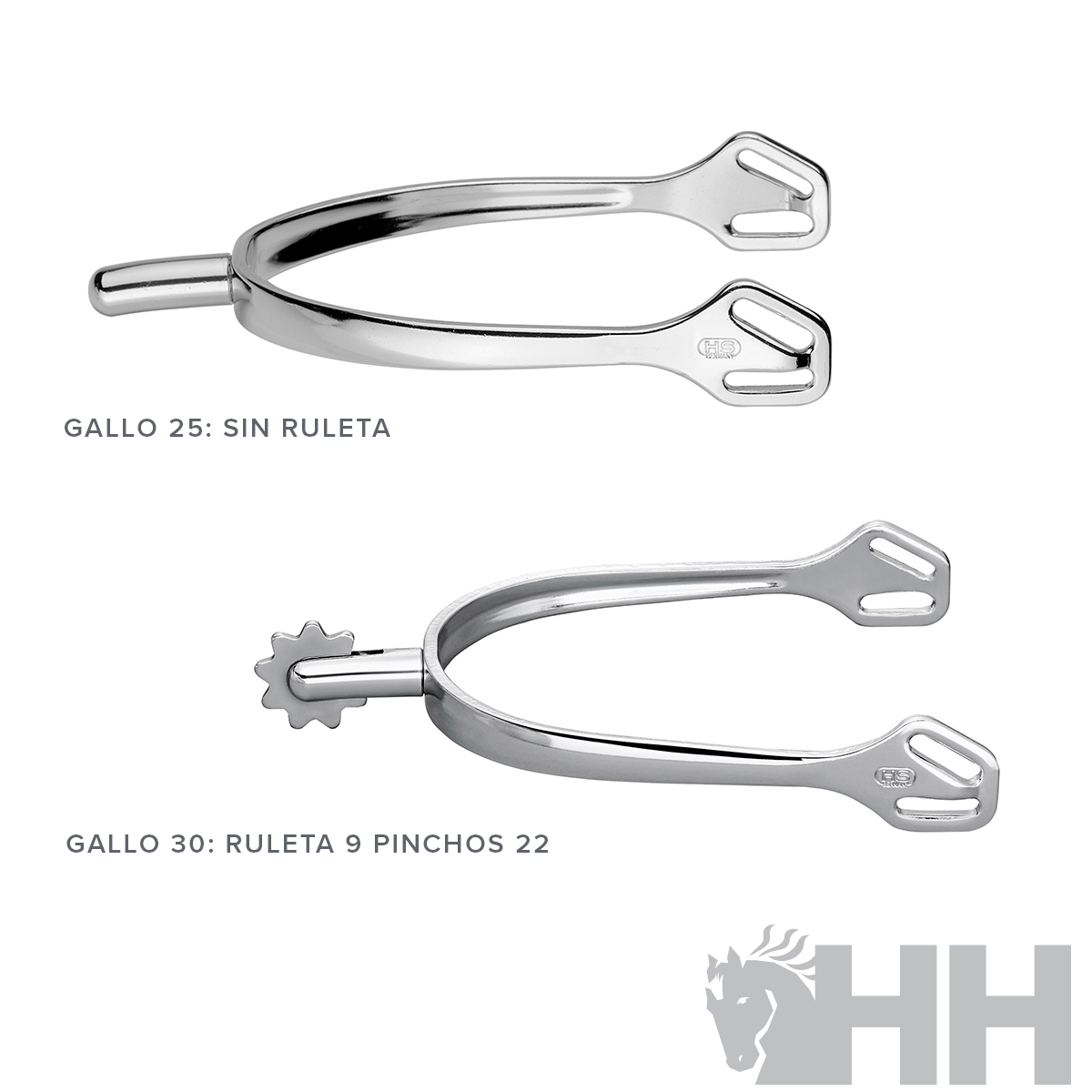 Dois esporas metálicos prateados com diferentes pontas e texto explicativo