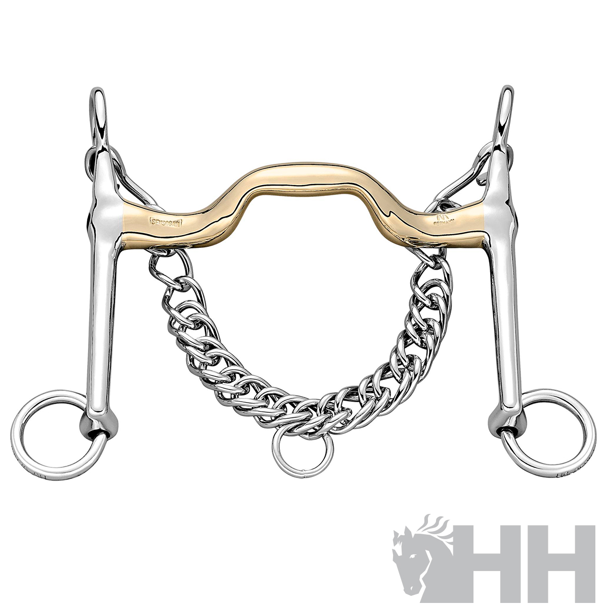 Freio de cavalo metálico dourado e prateado com corrente