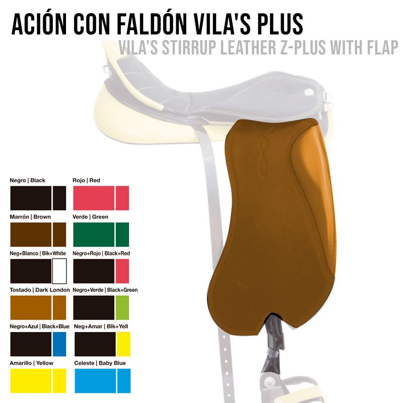 Faldão em couro castanho para sela equina com paleta de cores e texto em fundo claro.