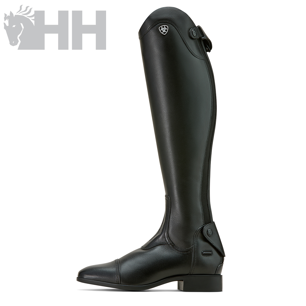 Bota de equitação preta de couro com fecho velcro e botão