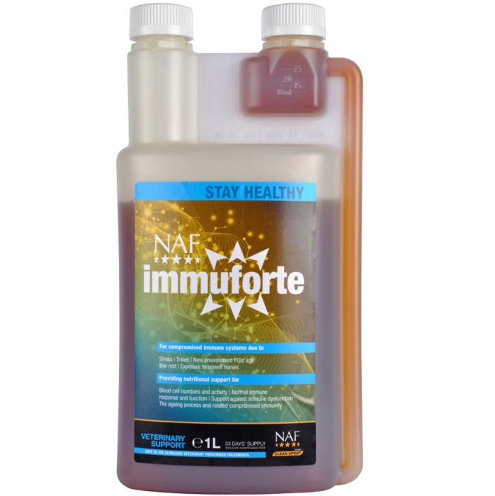 Frasco do produto NAF immuforte com rótulo azul e dourado e tampa branca