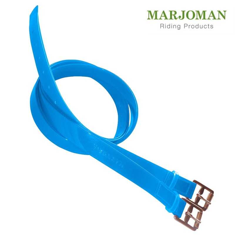 Correia azul com fivelas metálicas em fundo branco com logo MARJOMAN