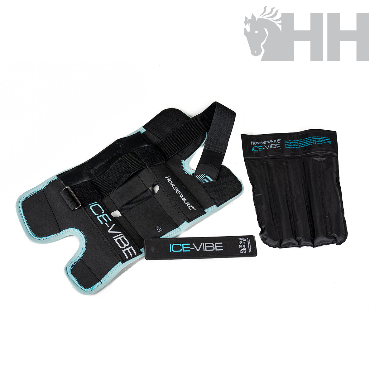 Acessórios de gelo ICE VIBE da Horseware em preto com detalhes azuis claros