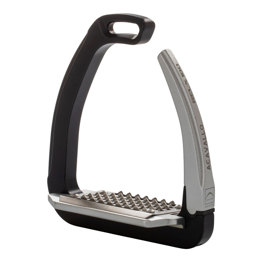 Estribo de equitação preto e cinza de metal e plástico com texto Acavallo RC LX 180.