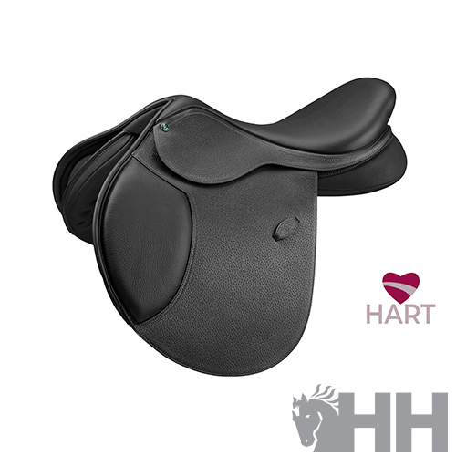 Sela de equitação preta de couro com logótipos HART e HH