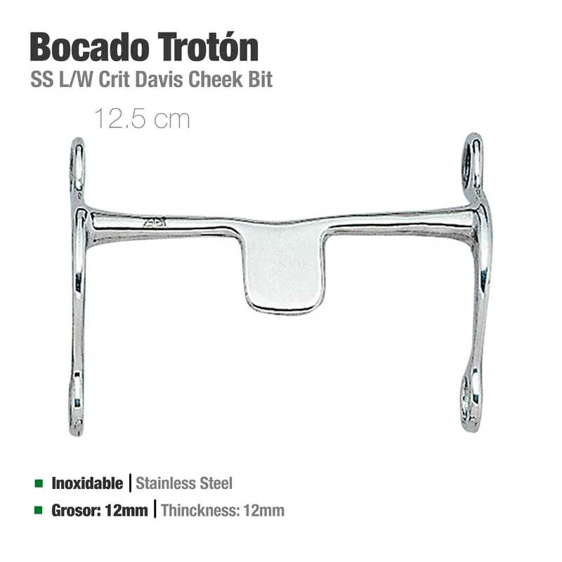 Bocado metálico para cavalo inoxidável de 12,5 cm com texto descritivo em fundo branco