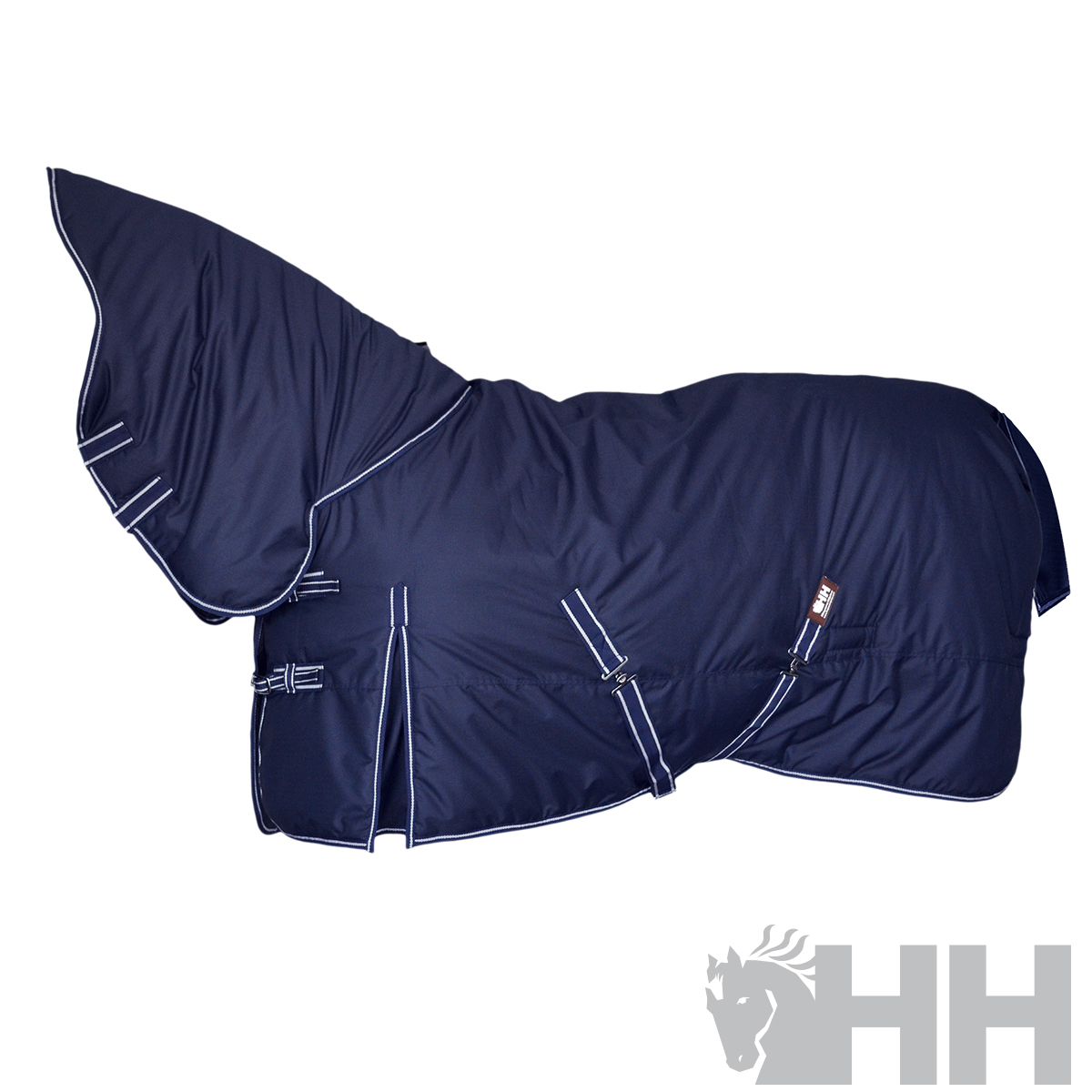 Cobertor azul escuro para cavalo com gola alta em fundo branco