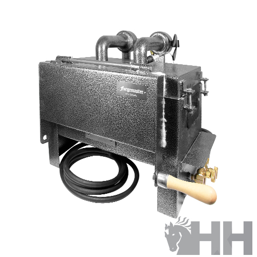 Fogão a lenha metálico cinza escuro com pega de madeira e duas chaminés