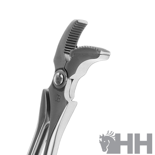 Alicate de metal prateado com dentes serrilhados e logo B gravado