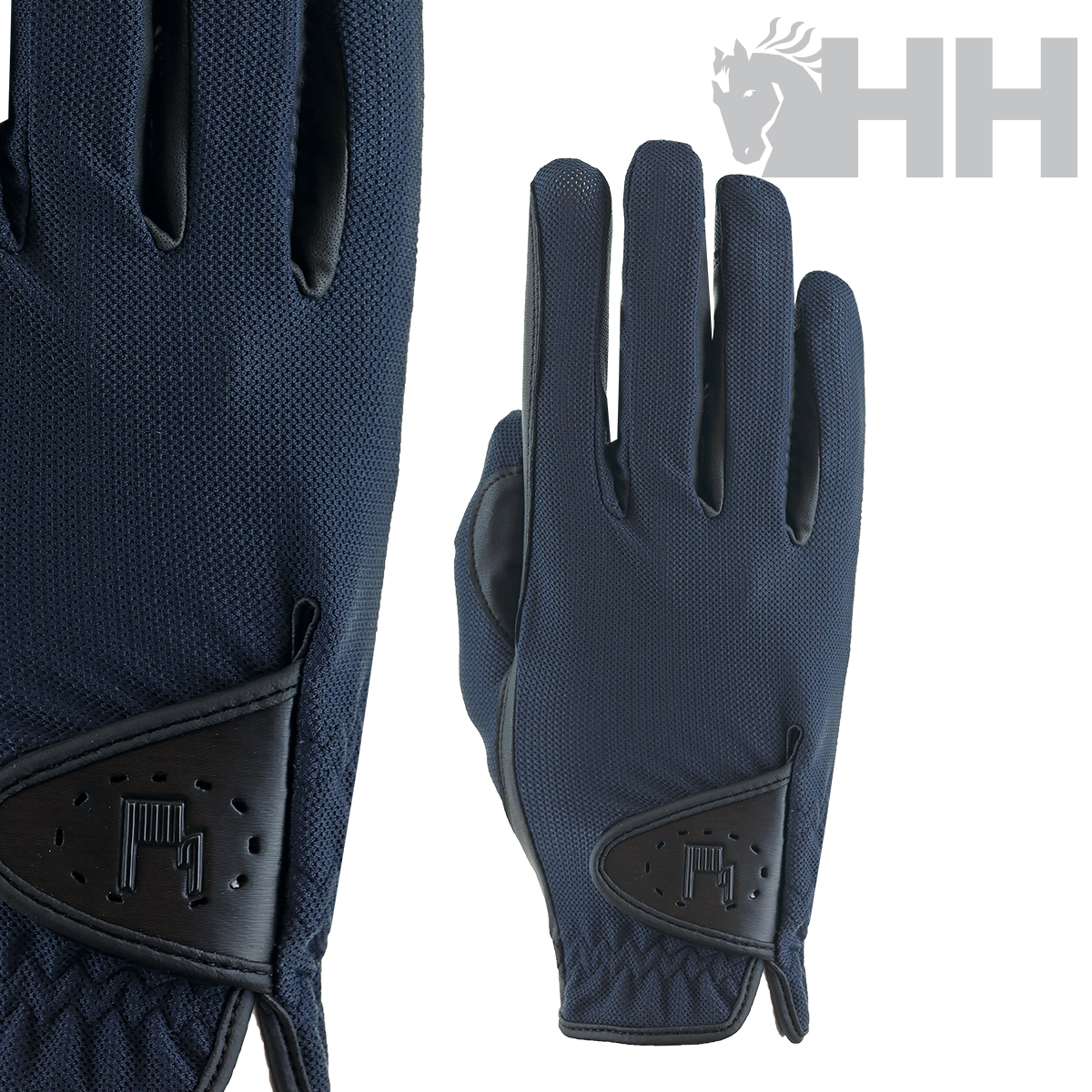 Par de luvas azuis escuras com detalhes em couro preto e símbolo de cavalo