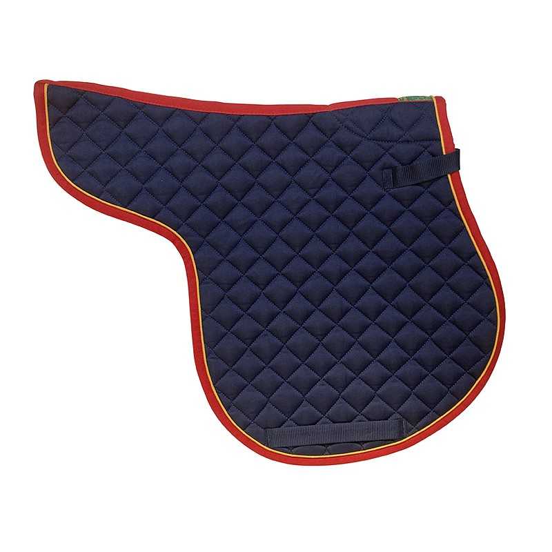 Tapete de sela azul acolchoado com bordas vermelhas e amarelas