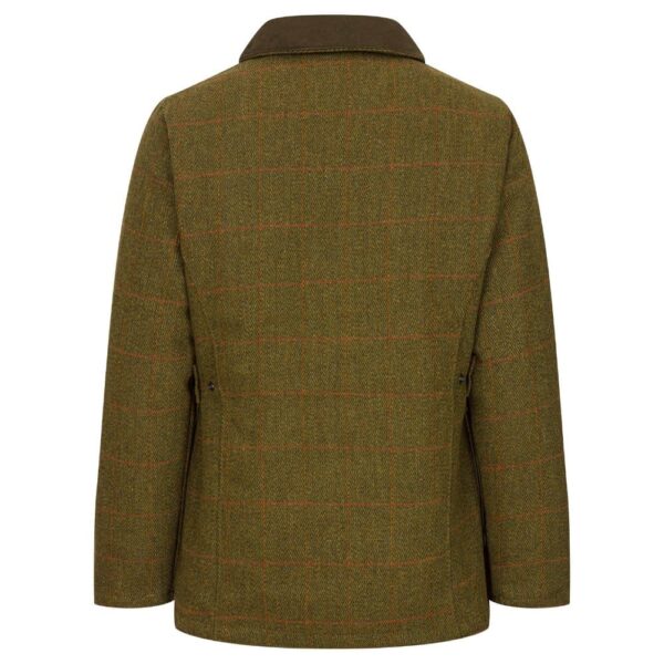 Casaco tweed verde com padrão xadrez laranja e gola castanha visto de costas