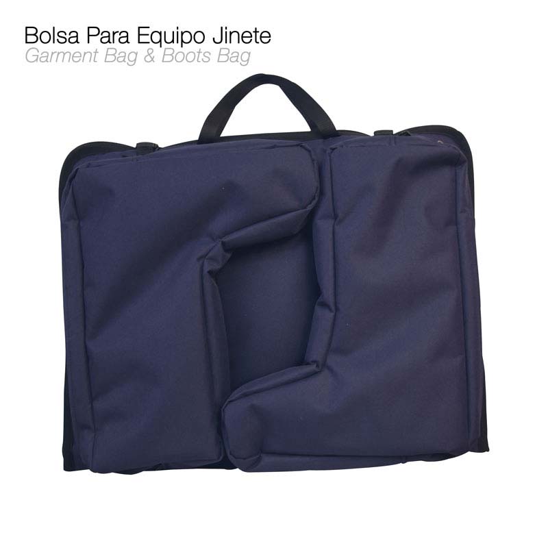 Mala azul escura para equipamento de ginete com alça preta e texto explicativo