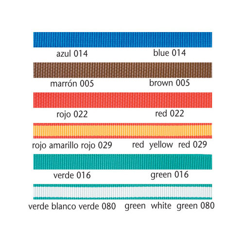 Seis fitas coloridas com códigos e nomes das cores em espanhol e inglês