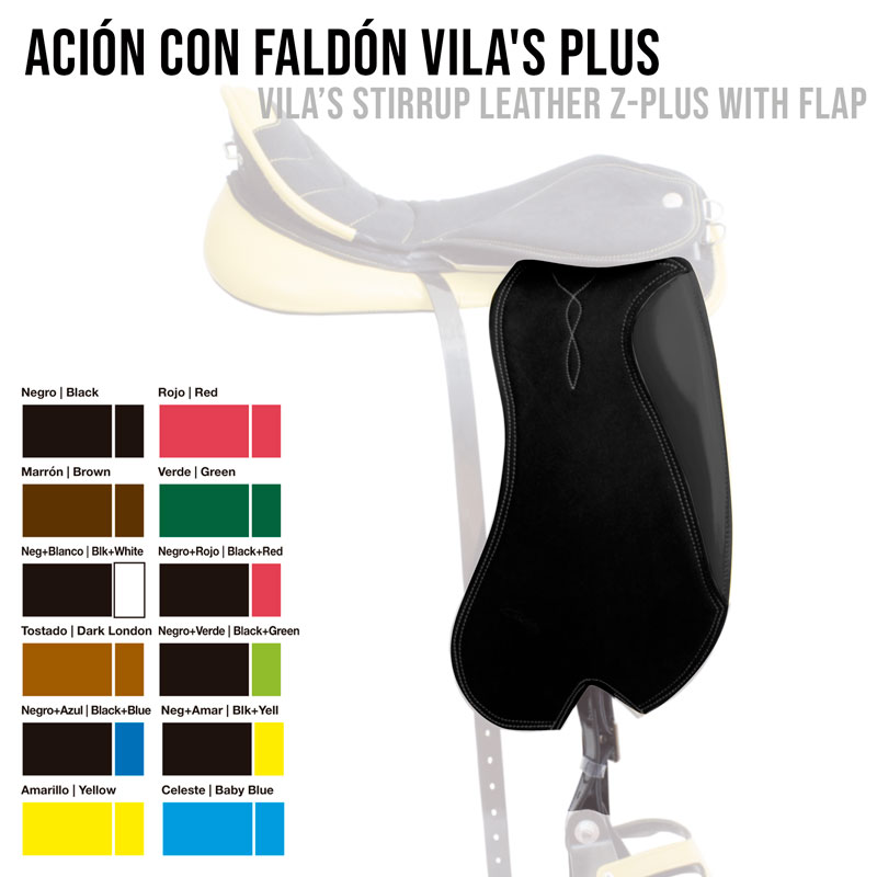 Falcão de estribo de couro preto com aba da VILA'S PLUS e tabela de cores disponíveis.