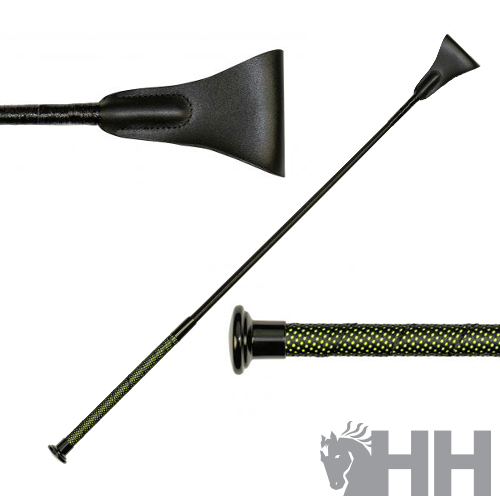 Fusta para equitação com cabo preto verde e haste fina com ponta preta