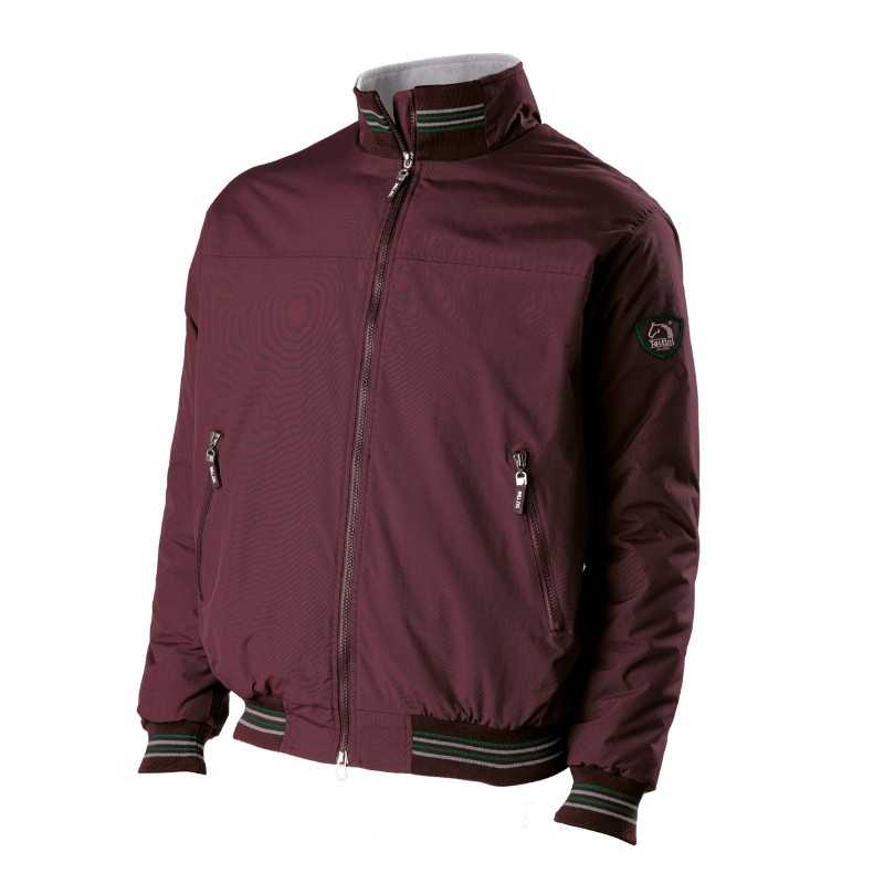 Casaco masculino bordeaux com fecho de correr e detalhes em riscas verde e branco