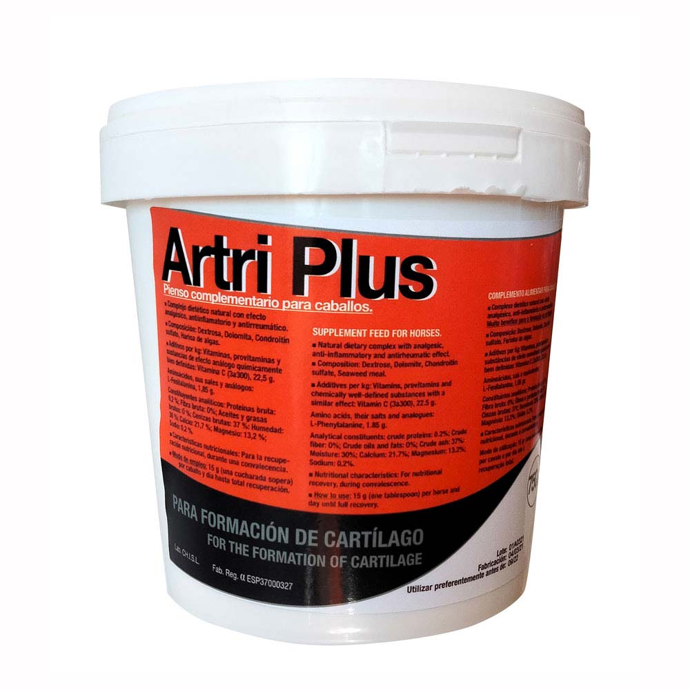 Embalagem branca de suplemento alimentar para cavalos Artri Plus com rótulo vermelho e preto