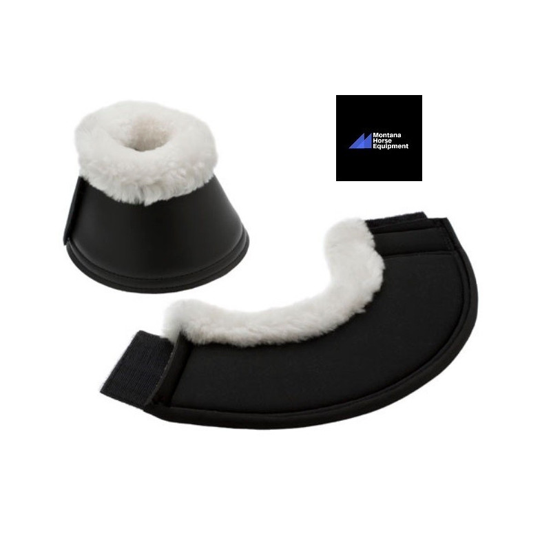 Conjunto de proteção para cavalo preto com interior branco peludo e logótipo Montana Horse Equipment