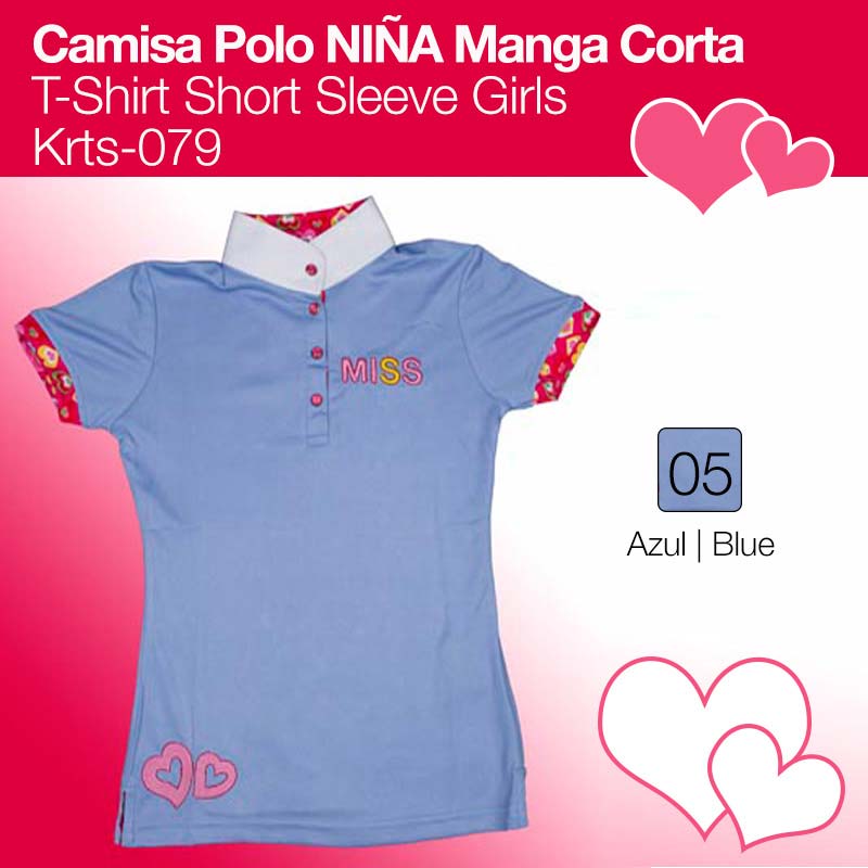 Camisa polo azul menina manga curta com detalhes florais e corações