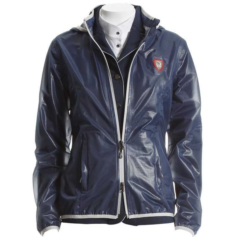 Casaco impermeável azul-marinho com capuz e fecho branco