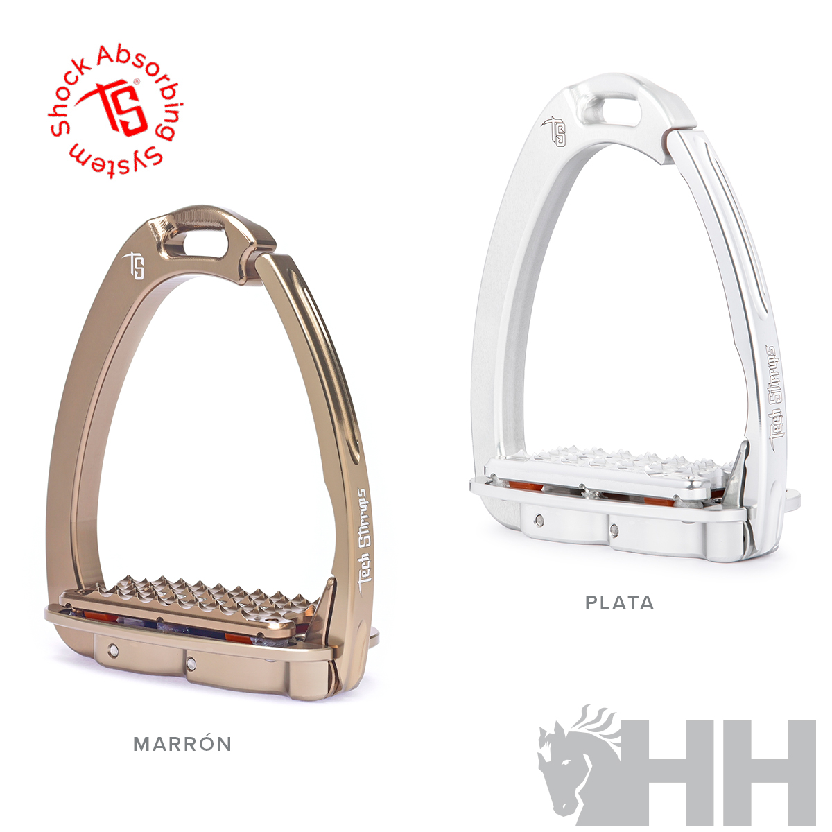 Dois estribos para equitação em metal de cores marron e prata