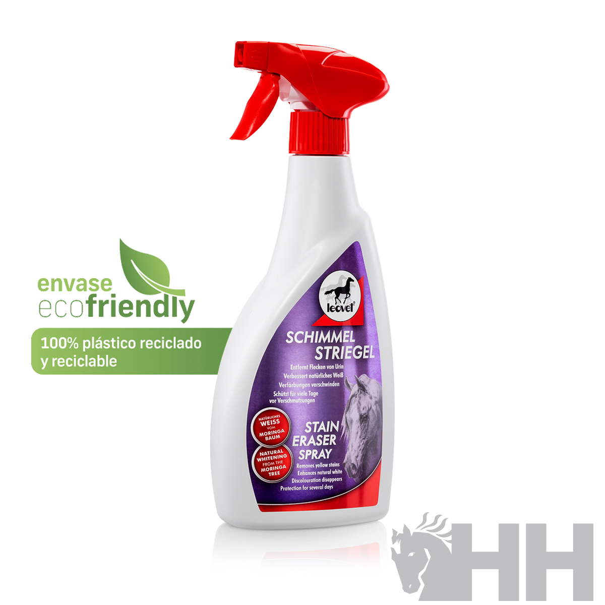 Frasco spray branco com tampa vermelha e rótulo roxo e vermelho para limpar manchas, selo eco friendly verde